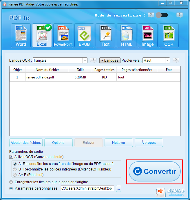 lancer la conversion de PDF en Excel