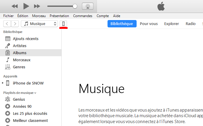 cliquer sur l'icône iPhone sur iTunes