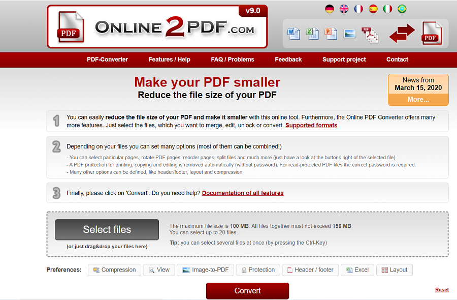 Online2PDF pour compresser un document PDF