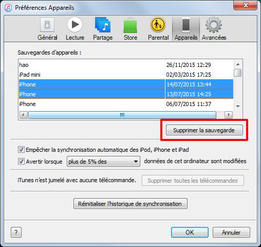 supprimer le fichier de sauvegarde iTunes sur l'ordinateur