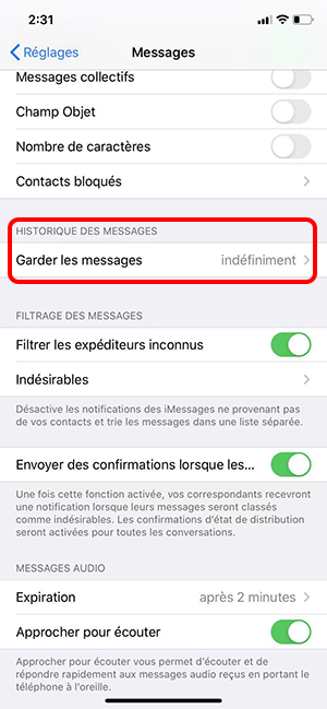 définir la durée pour garder les messages