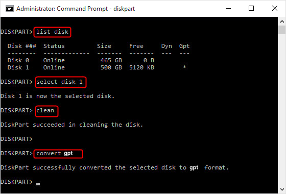 Convertir MBR en GPT avec la commande DiskPart