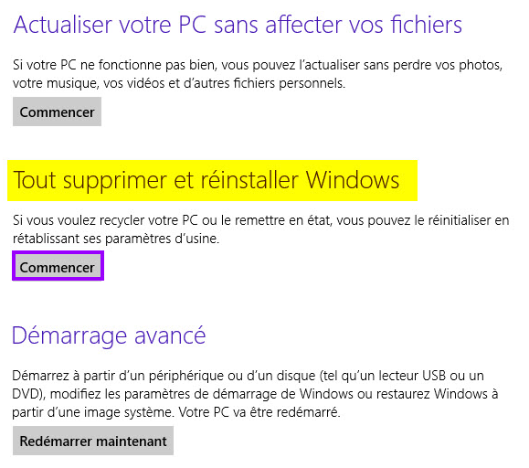 réinitialiser le PC sous Windows 8