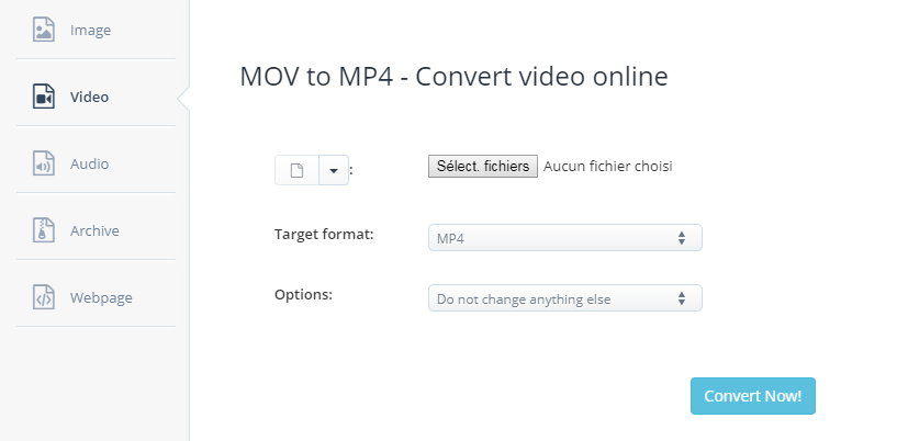 convertir MOV en MP4 sur le site aconvert.com