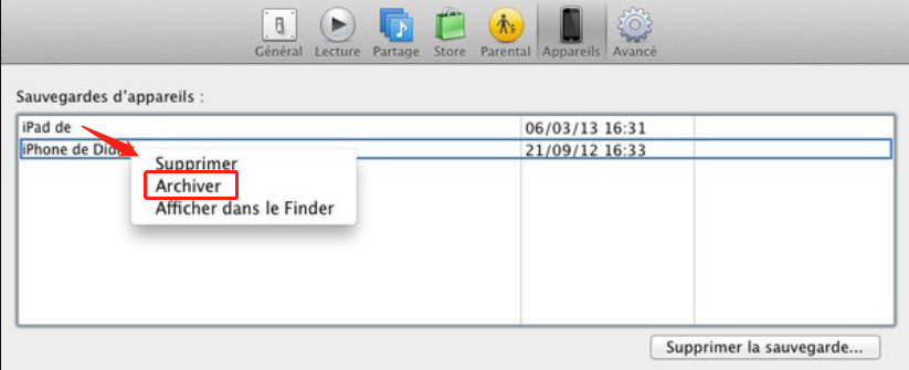 archiver la sauvegarde iPad sur Mac