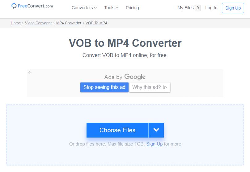 convertir VOB en MP4 sur le site Free Convert