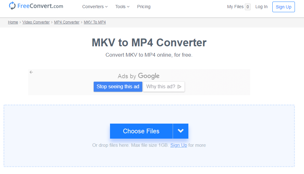 convertir MKV en MP4 sur le site Free Convert