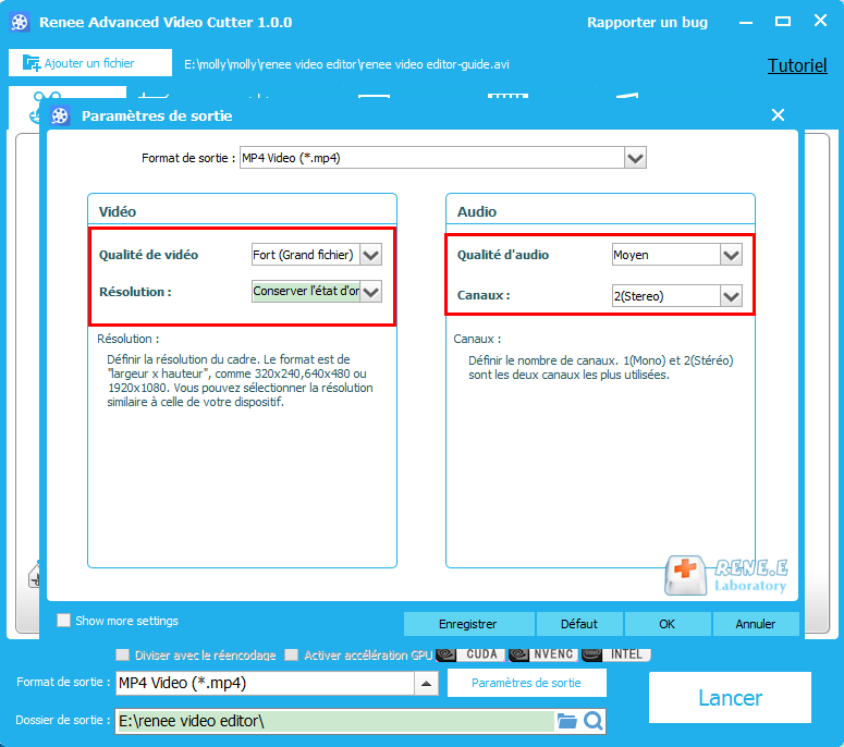 modifier les paramètres pour la vidéo de sortie