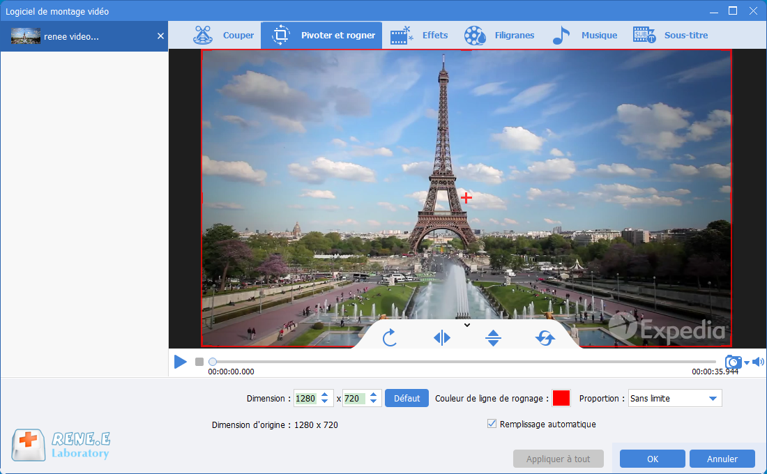 fonctionnalité de pivoter et rogner de Renee Video Editor Pro
