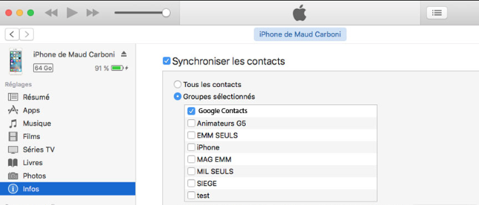 sauvegarder avec les contacts Google dans iTunes