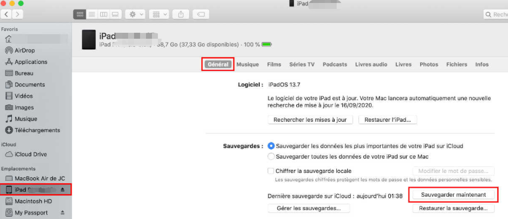 sauvegarder l'ipad sur Mac