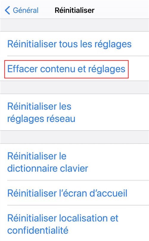 Effacer contenu et les réglages