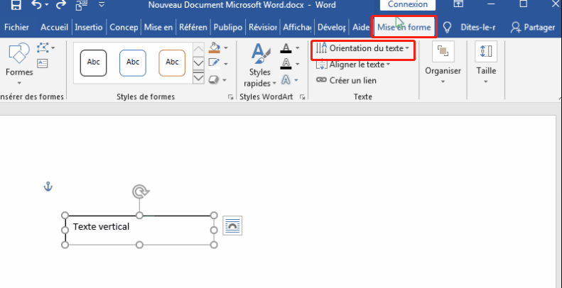 cliquer sur Orientation de texte