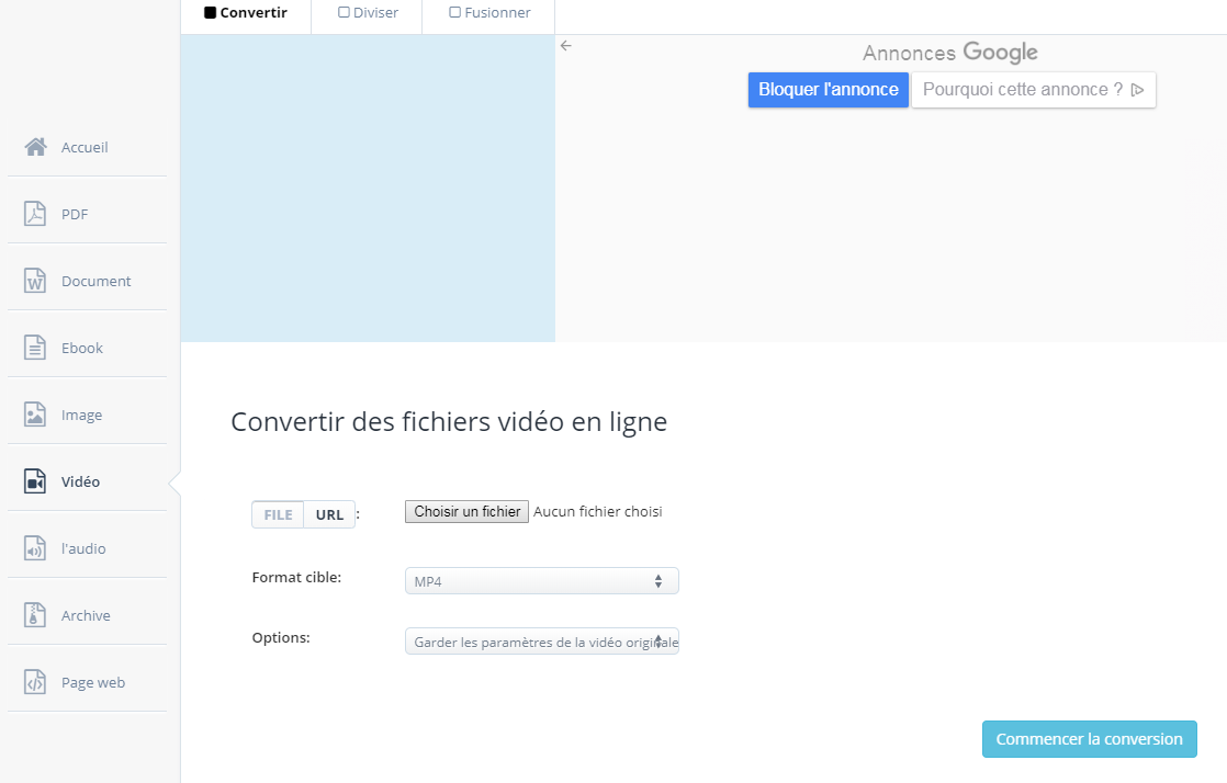 charger le fichier FLV sur le site Aconvert