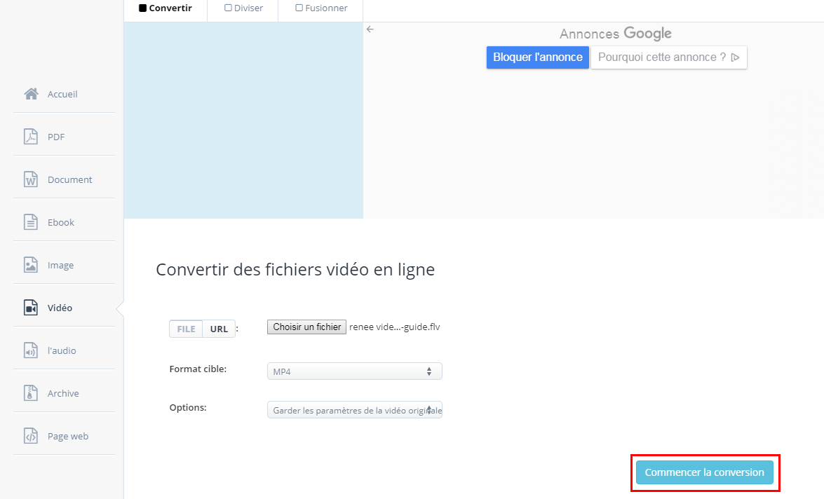 convertir la vidéo sur Aconvert