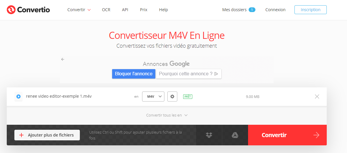 convertir le format M4V sur le site Convertio