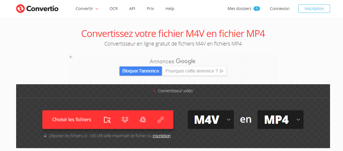 Convertio pour convertir M4V en MP4