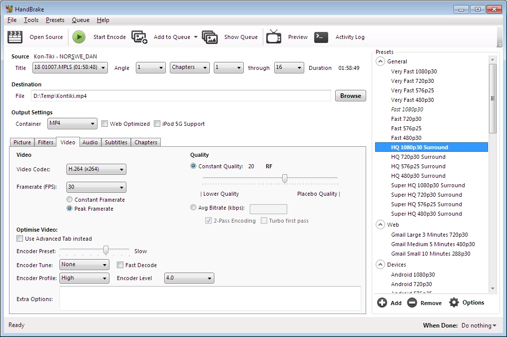 handbrake pour convertir M4V en MP4