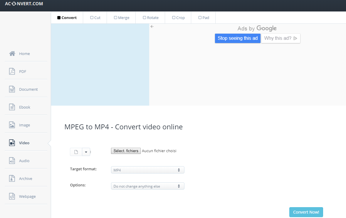 convertir MPEG en MP4 sur le site Aconvert