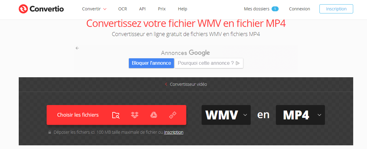convertir WMV en MP4 en ligne sur le site Convertio