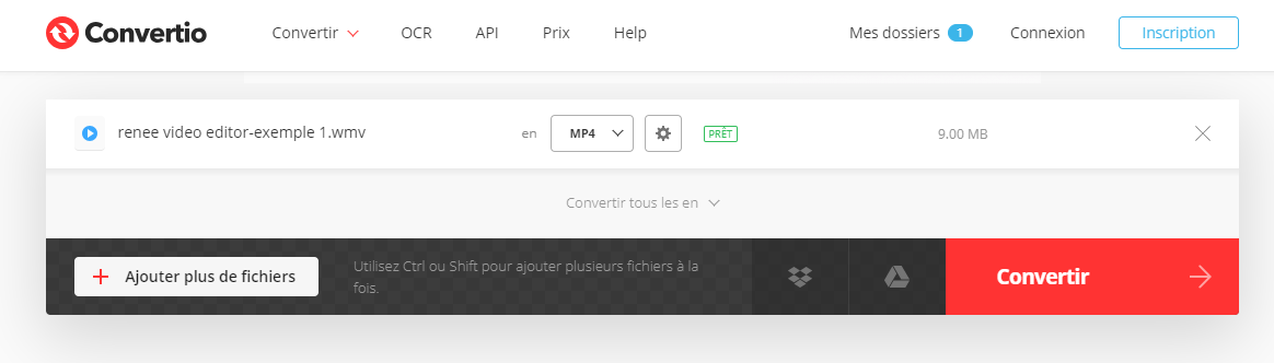 convertir WMV en MP4 en ligne sur le site Convertio