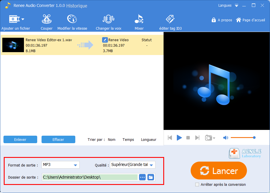 convertir le fichier en MP3 avec Renee Audio Tools