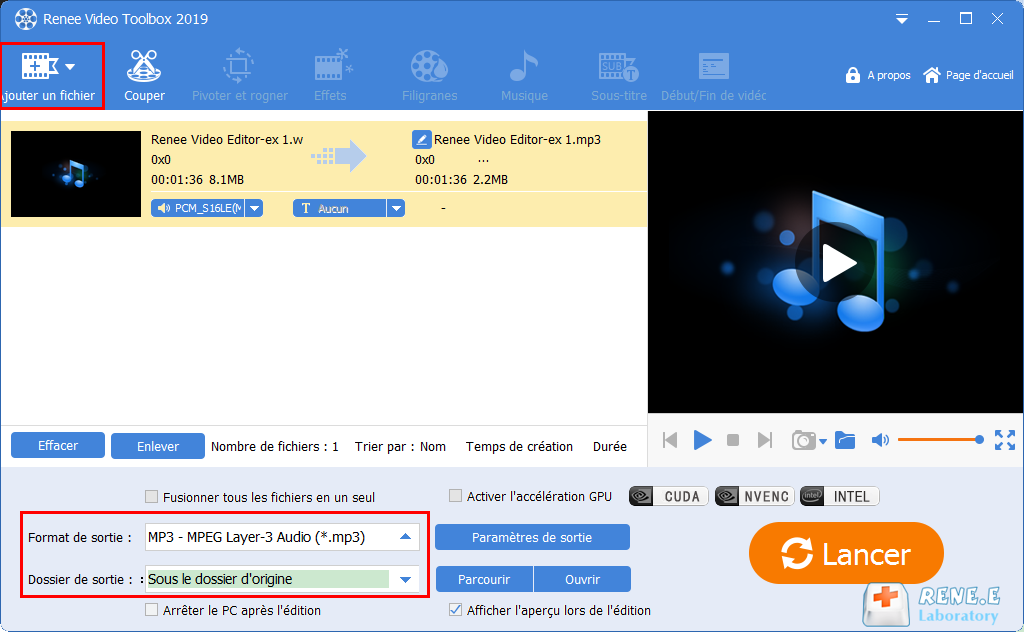 convertir le fichier en MP3 avec Renee Video Editor Pro