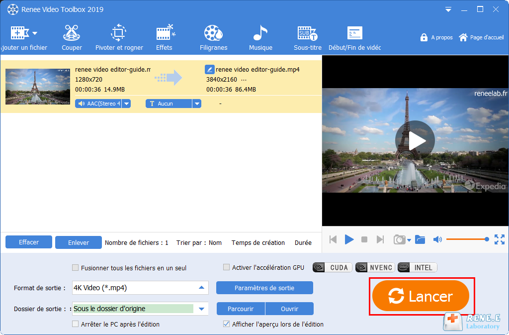 lancer la conversion de la vidéo dans Renee Video Editor Pro