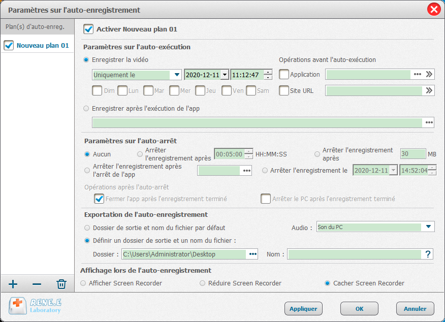 plan d'enregistrement automatique