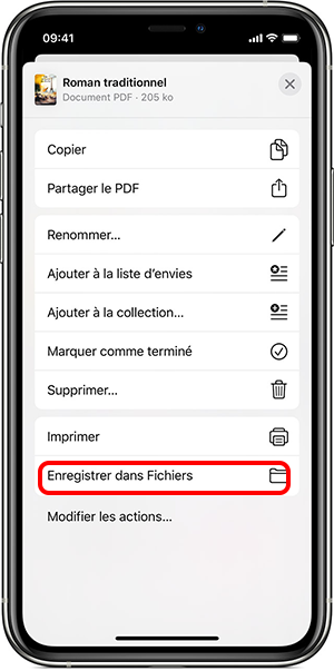 enregistrer le fichier PDF sur iPhone