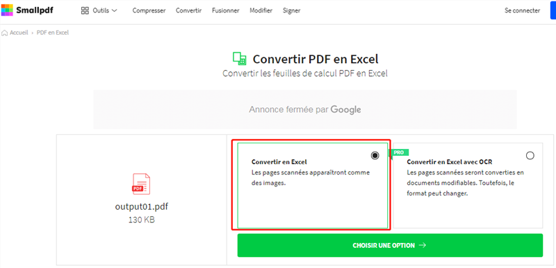 convertir pdf en excel via Smallpdf