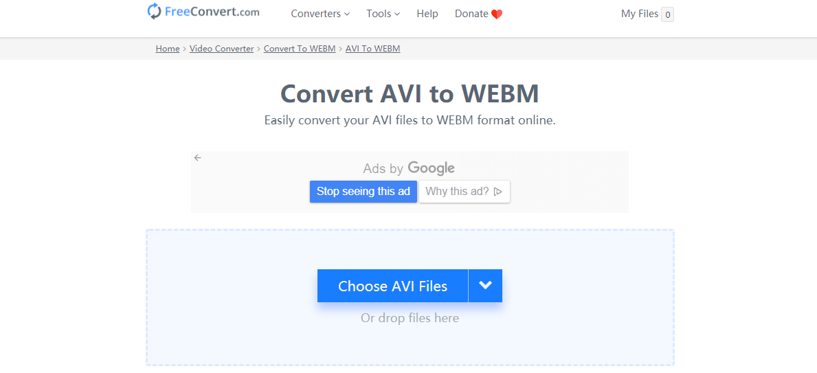 convertir AVI en WEBM sur le sit FreeConvert