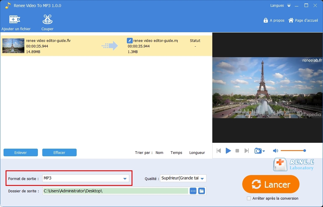 convertir une vidéo FLV en MP3 avec Renee Audio Tools