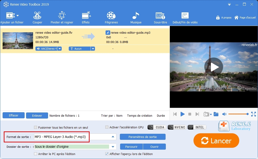 convertir FLV en MP3 avec Renee Video Editor Pro