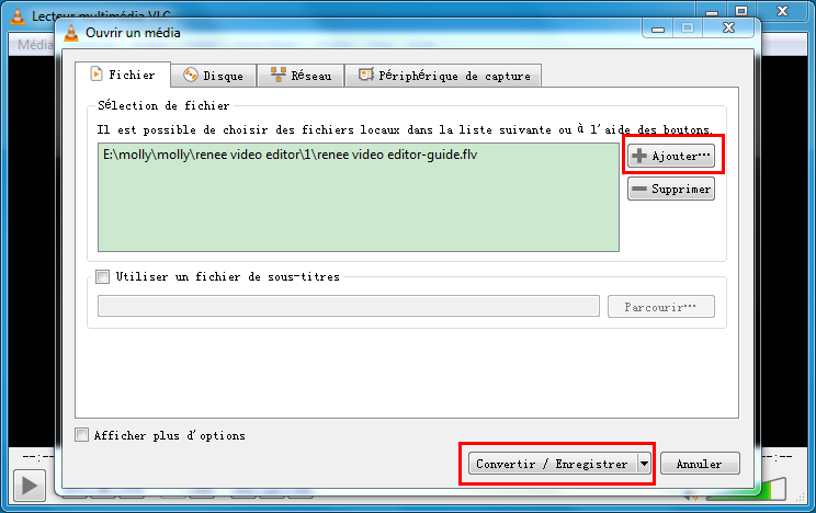 ajouter le fichier FLV dans VLC media player