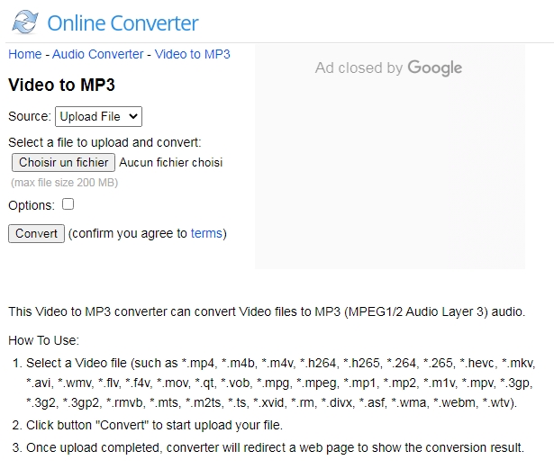 convertir une vidéo en MP3 sur le site Online Converter