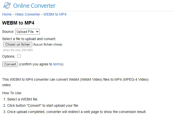 convertir WEBM en MP4 sur le site Online Converter