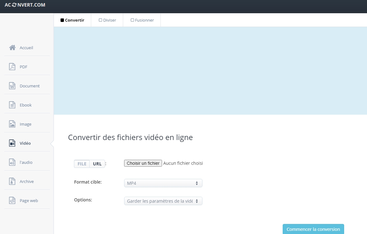 convertir le fichier M4V sur le site ACONVERT