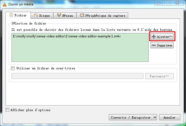 ajouter le fichier M4V dans le lecteur multimédia VLC