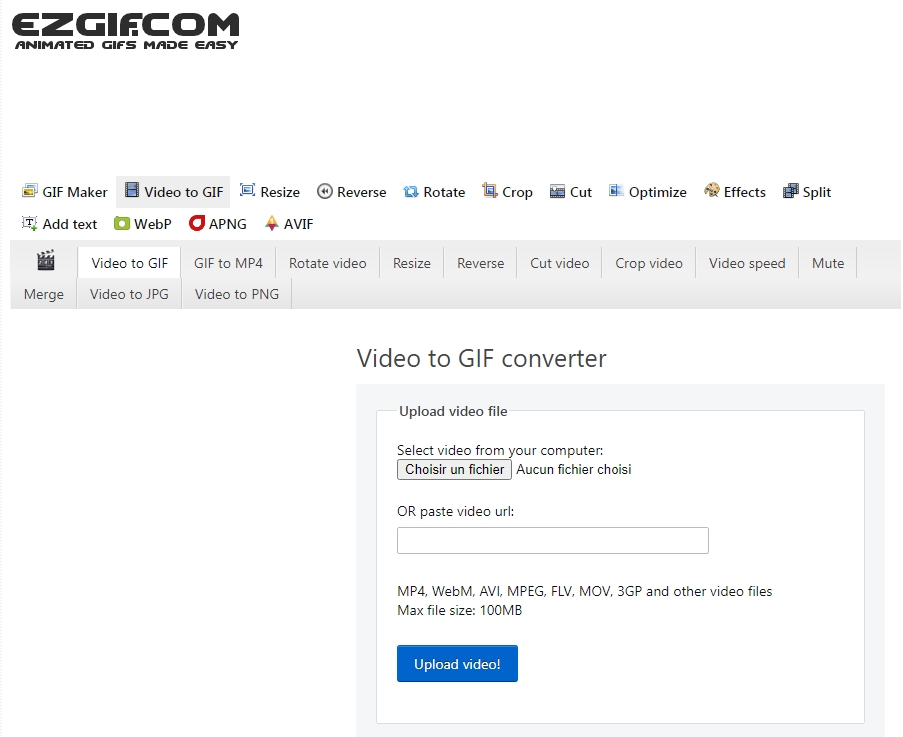 convertir un fichier MOV en GIF sur le site ezgif