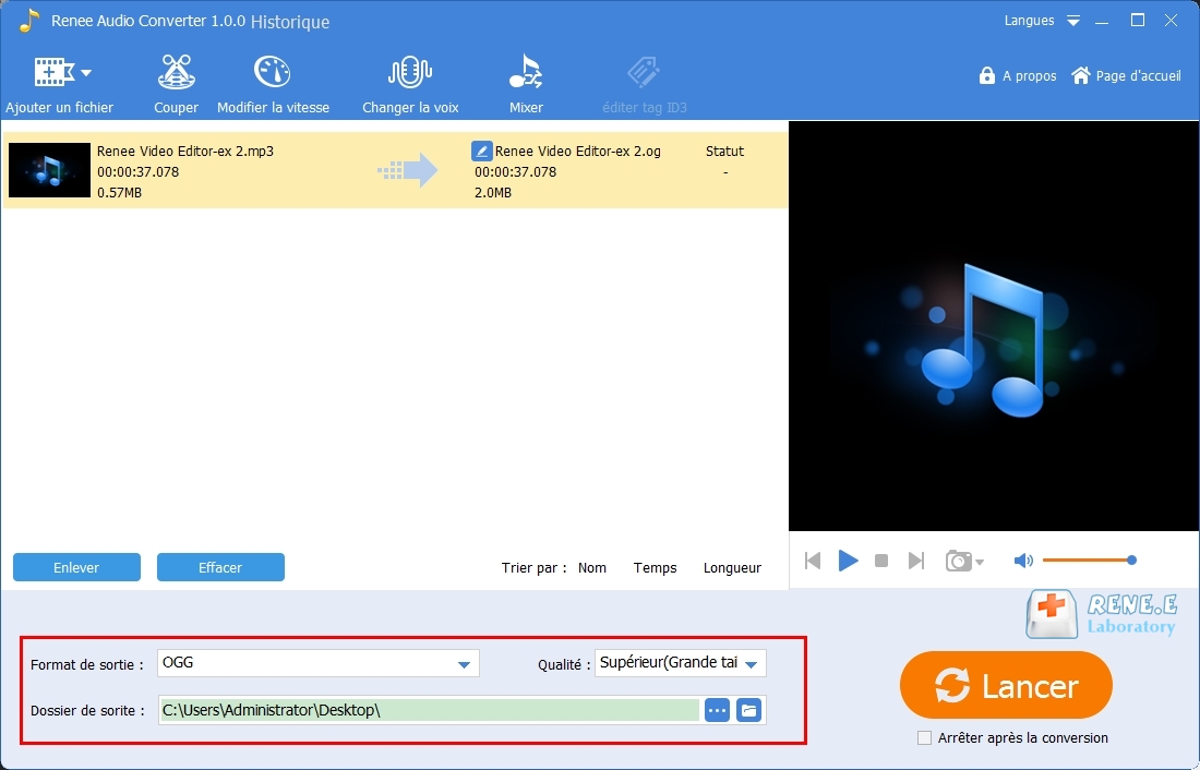 convertir MP3 en OGG avec Renee Audio Tools