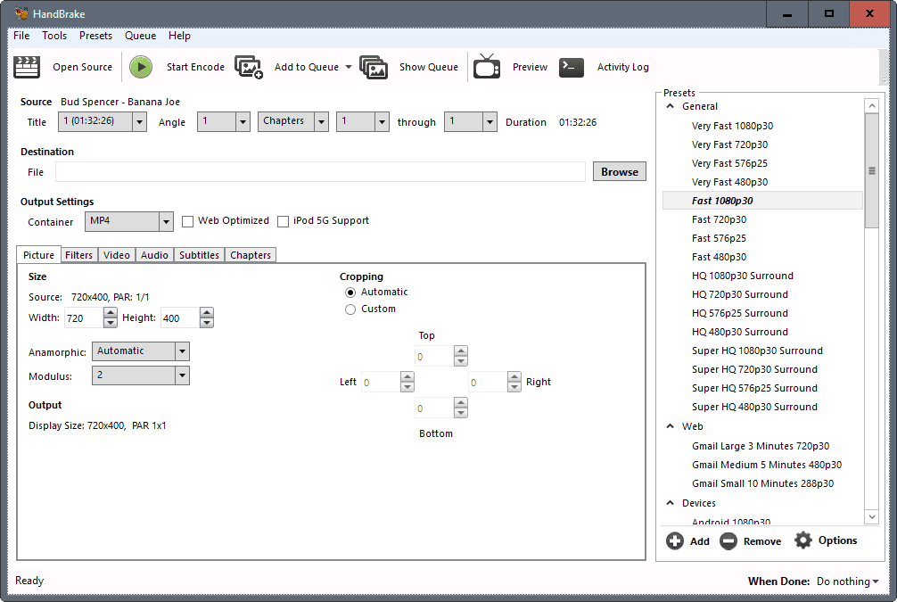 HandBrake pour convertir le fichier MPEG2