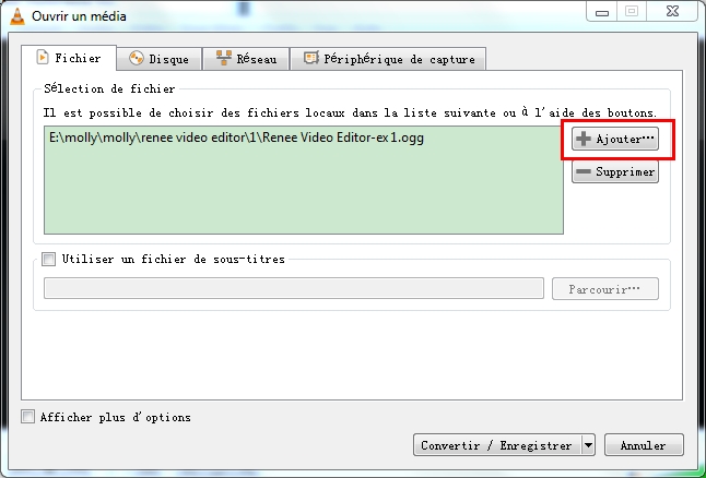 ajouter le fichier OGG dans lecteur multimédia VLC