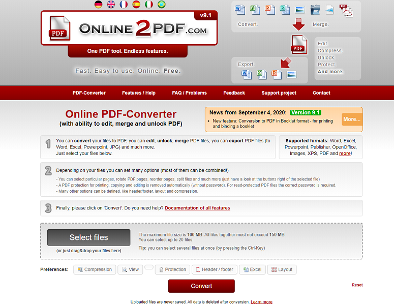Online2PDF pour convertir le fichier PDF