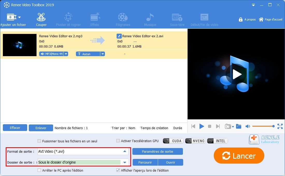 convertir MP3 en AVI avec Renee Video Editor Pro