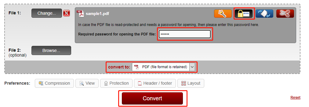 Online2PDF pour décrypter un fichier PDF