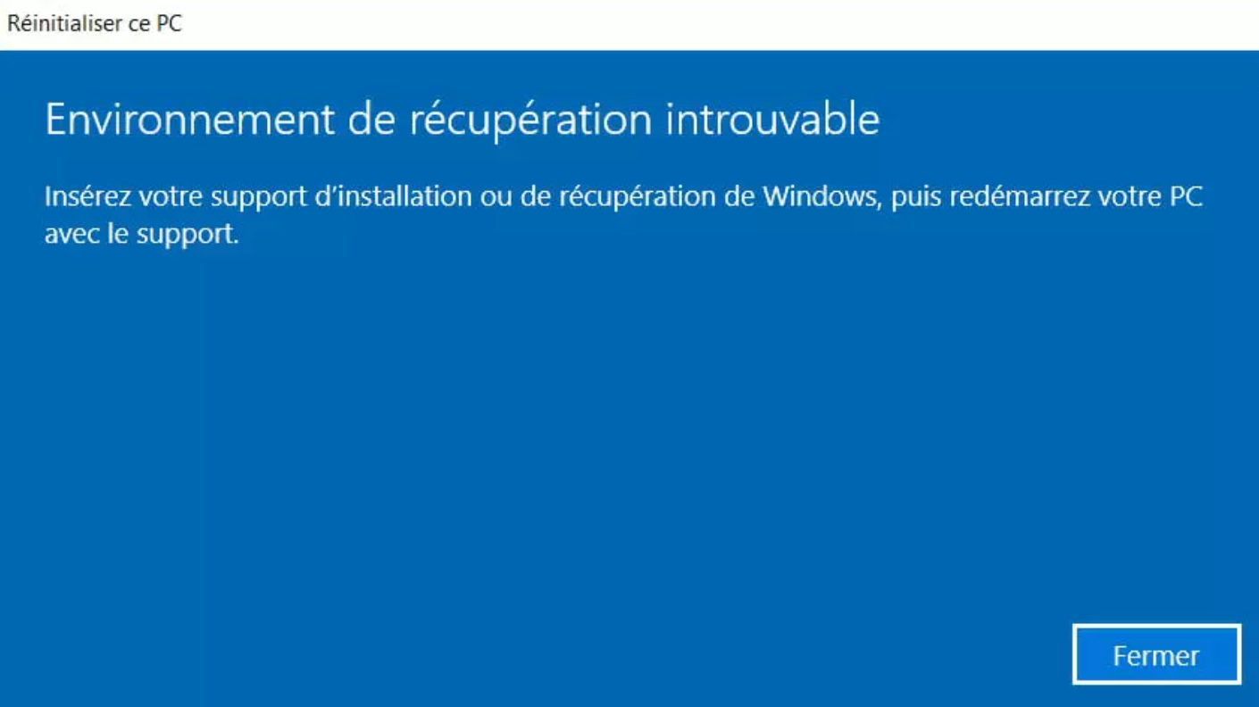 l'environnement de récupération introuvable sous Windows 10