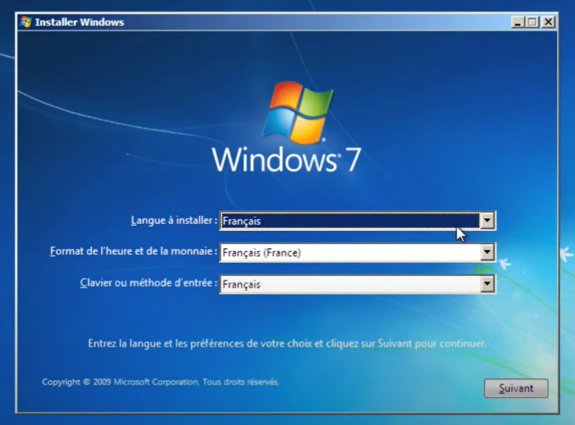 installer windows 7 depuis clé usb